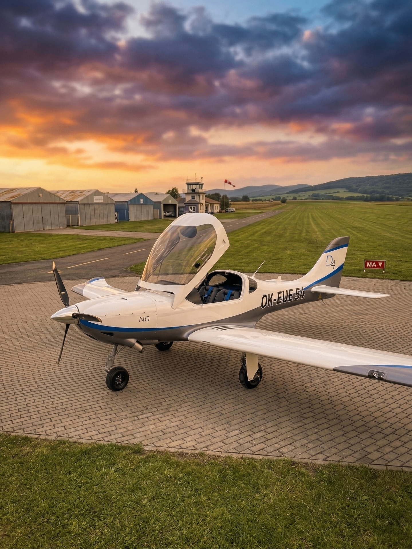 Dynamic OKA NG at airfield during sunset with open canopy